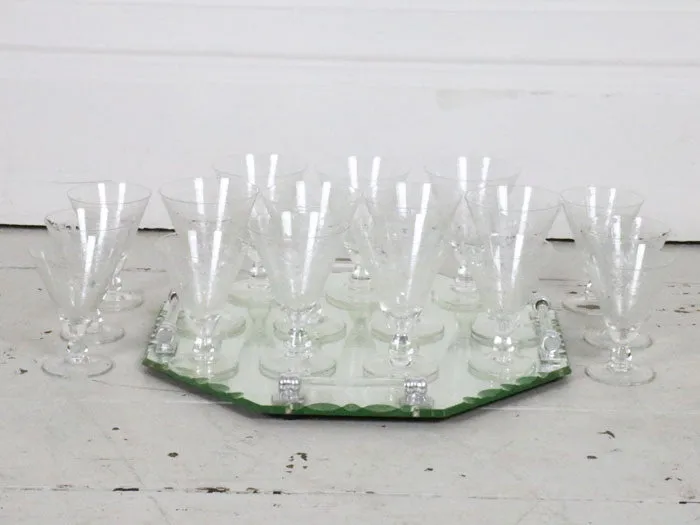 A beautiful set of 8 French etched champagne and wine glasses