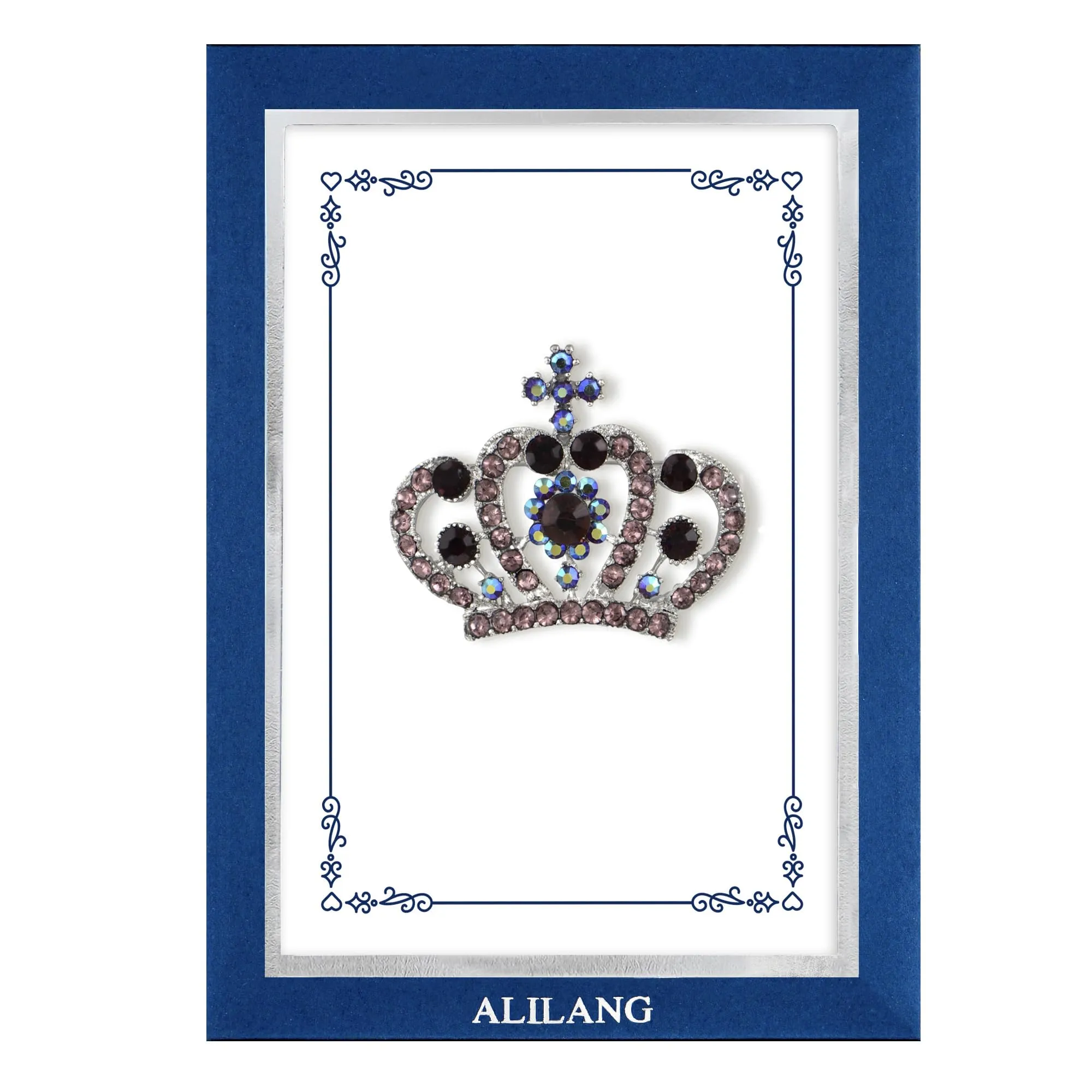 Alilang Purple Royal Monarch Queen Crown Crystal Rhinestone Brooch Pin with Family Member Gift Message Card & Envelope Jewelry Gifts