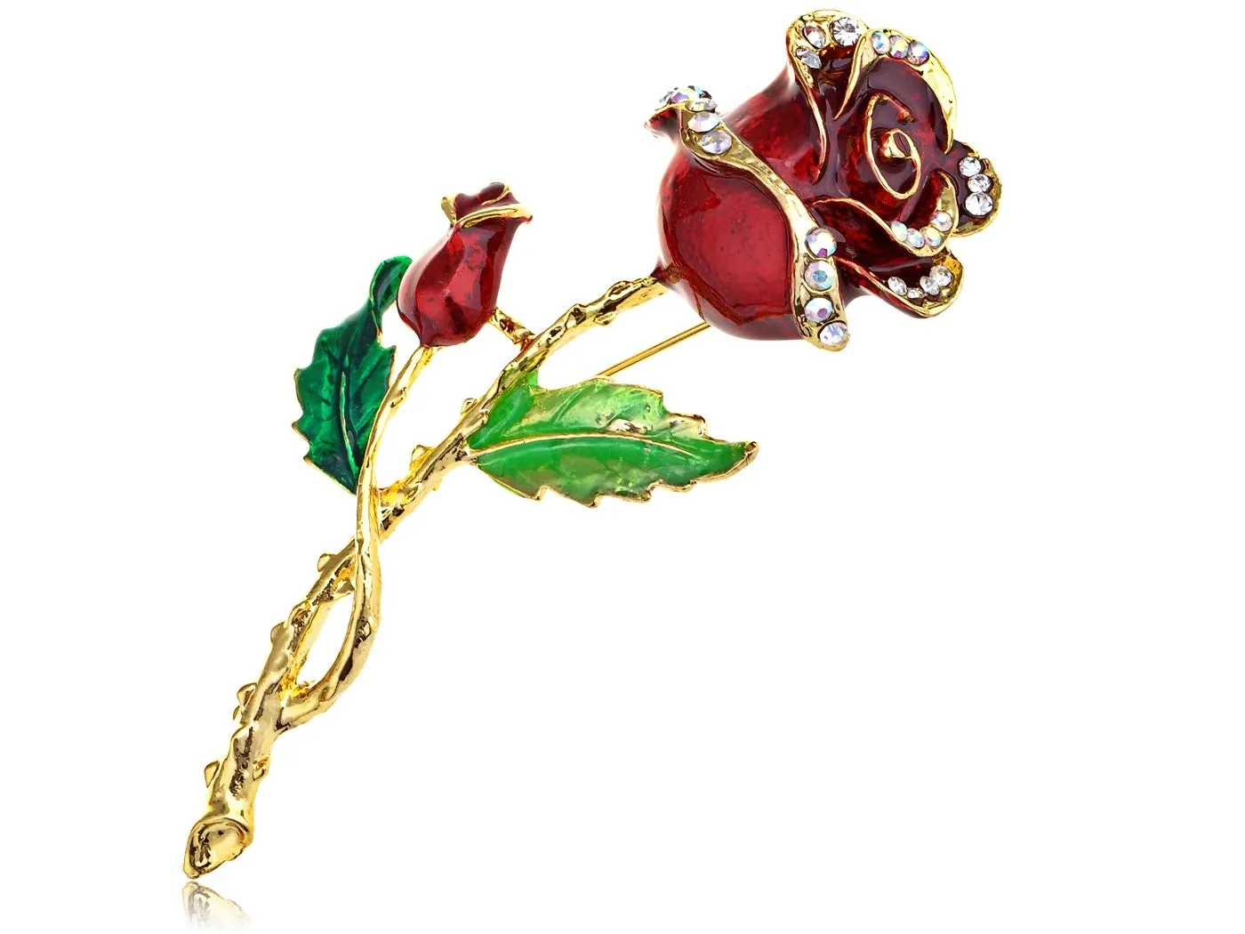 Alilang Red Rose Flower Enamel Gold Tone Stem Brooch Pin with Clear Rhinestones with Family Member or Friend Gift Message Card & Envelope Jewelry Gifts