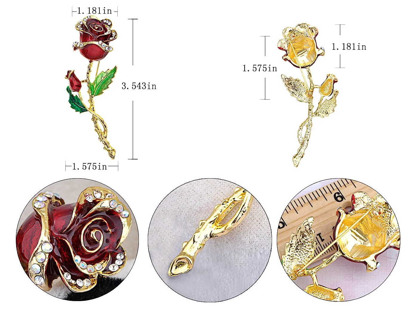 Alilang Red Rose Flower Enamel Gold Tone Stem Brooch Pin with Clear Rhinestones with Family Member or Friend Gift Message Card & Envelope Jewelry Gifts