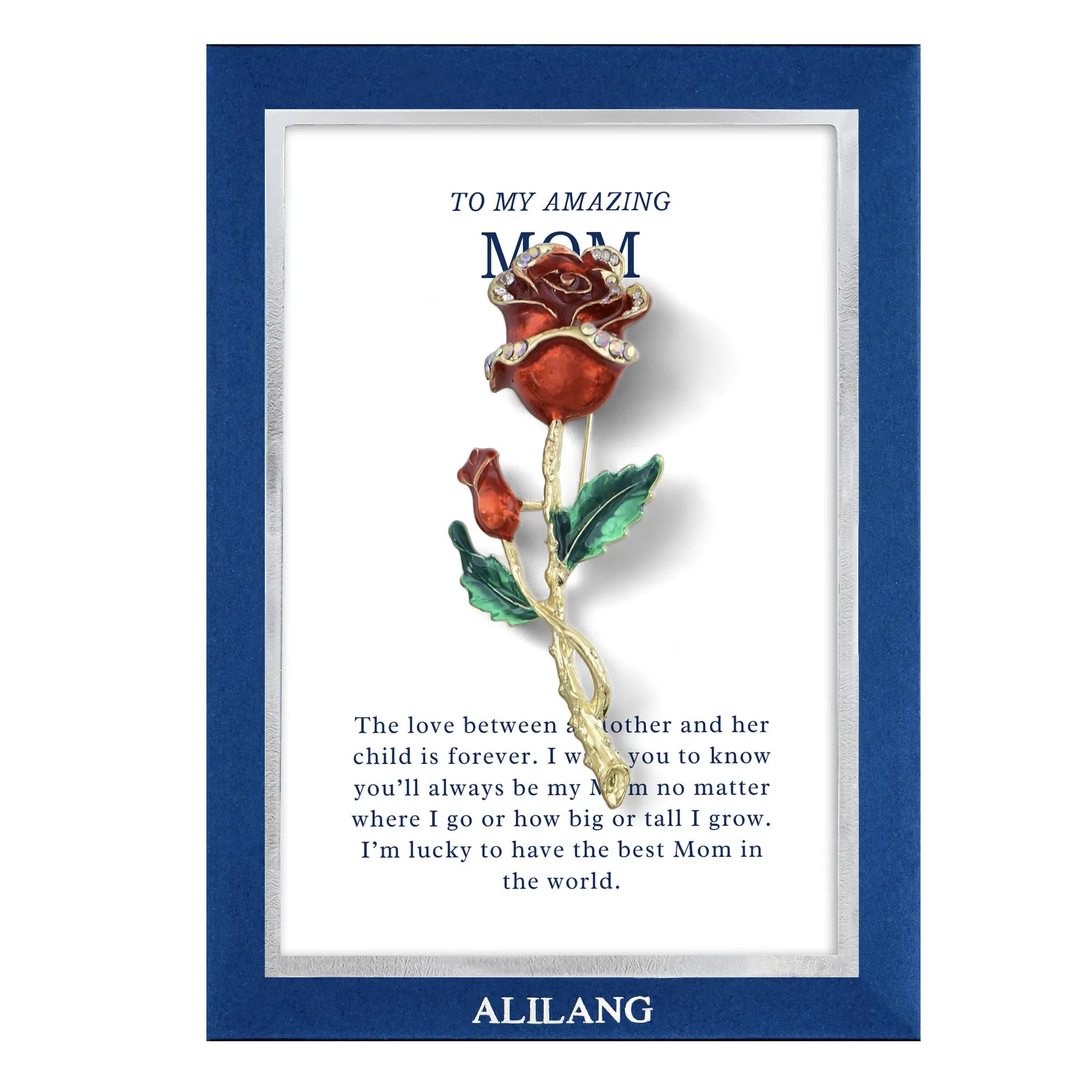 Alilang Red Rose Flower Enamel Gold Tone Stem Brooch Pin with Clear Rhinestones with Family Member or Friend Gift Message Card & Envelope Jewelry Gifts