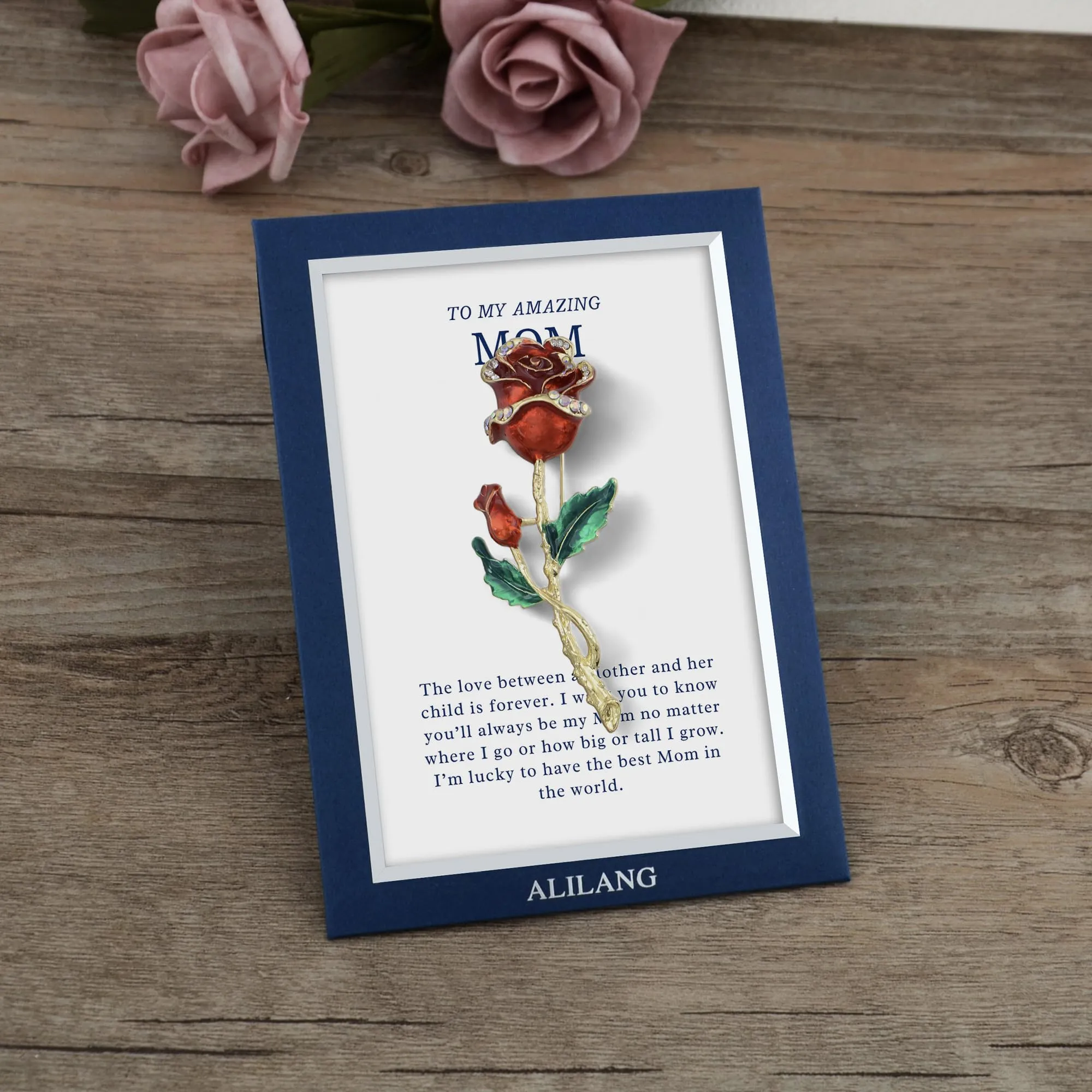 Alilang Red Rose Flower Enamel Gold Tone Stem Brooch Pin with Clear Rhinestones with Family Member or Friend Gift Message Card & Envelope Jewelry Gifts