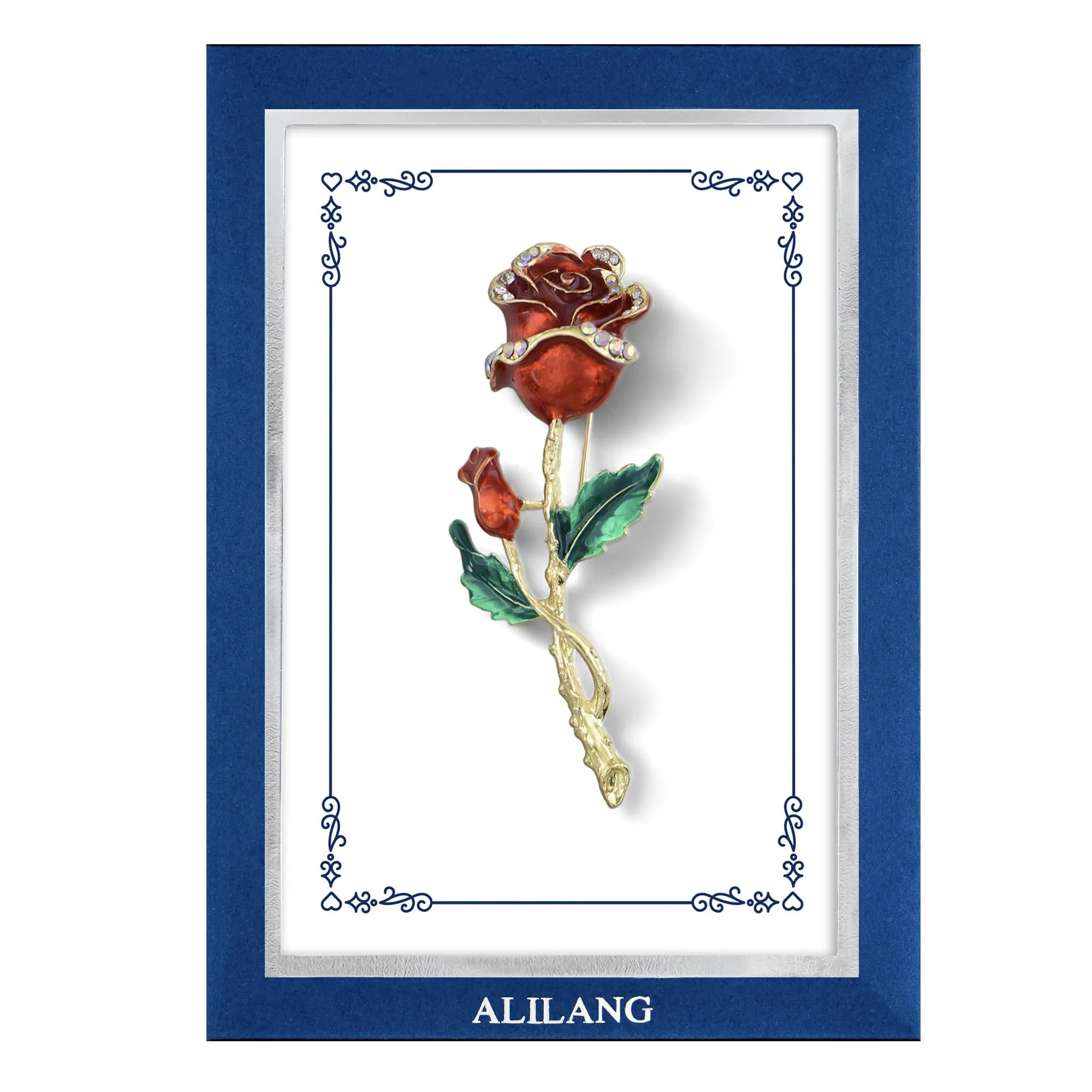 Alilang Red Rose Flower Enamel Gold Tone Stem Brooch Pin with Clear Rhinestones with Family Member or Friend Gift Message Card & Envelope Jewelry Gifts