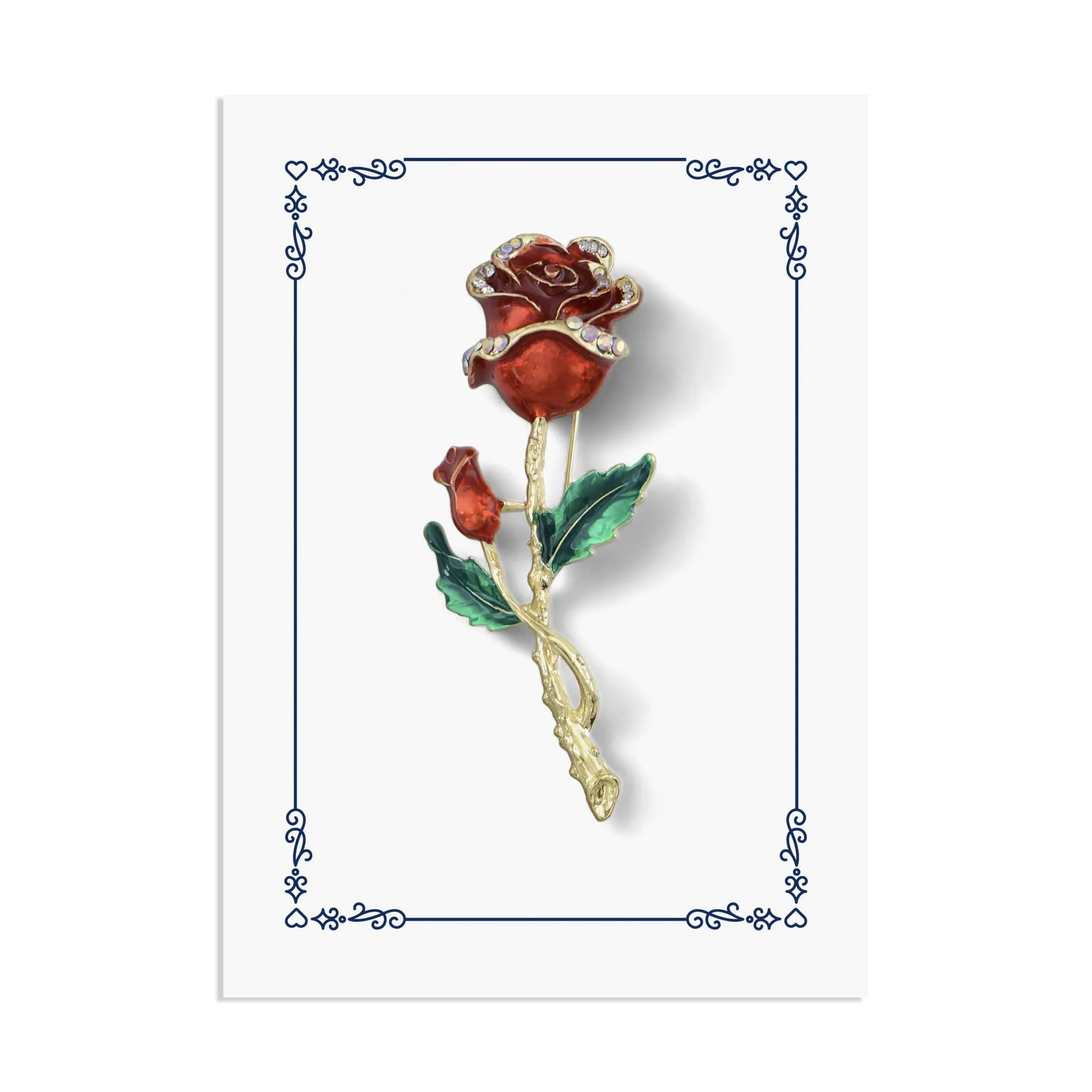 Alilang Red Rose Flower Enamel Gold Tone Stem Brooch Pin with Clear Rhinestones with Family Member or Friend Gift Message Card & Envelope Jewelry Gifts