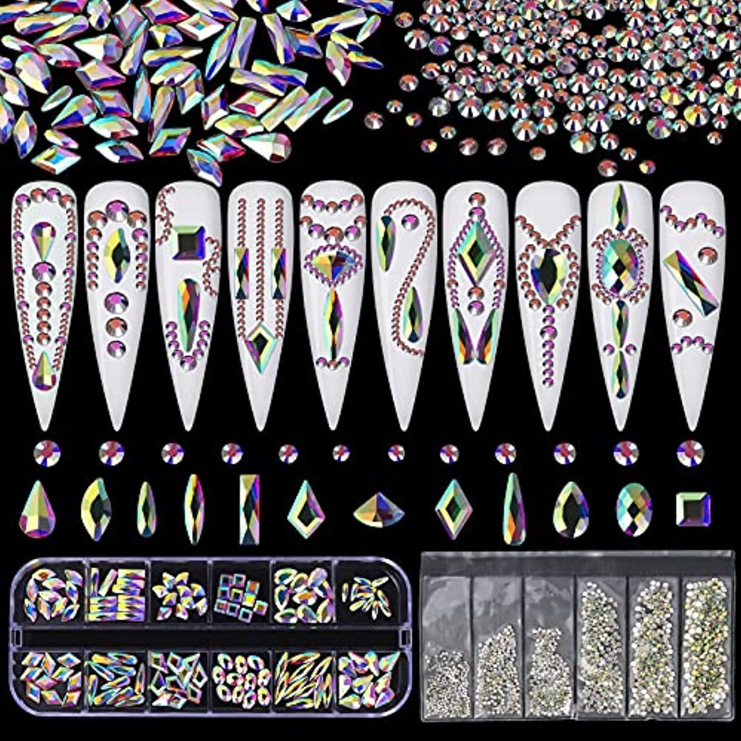 Artdone nail art Rhinestones 5000pcs 2000pcs 1728pcs 120pcs Multi Shapes Glass Crystal AB Rhinestones for nail gems with tools and nail rhinestone glue nail decoration and accessories kit.