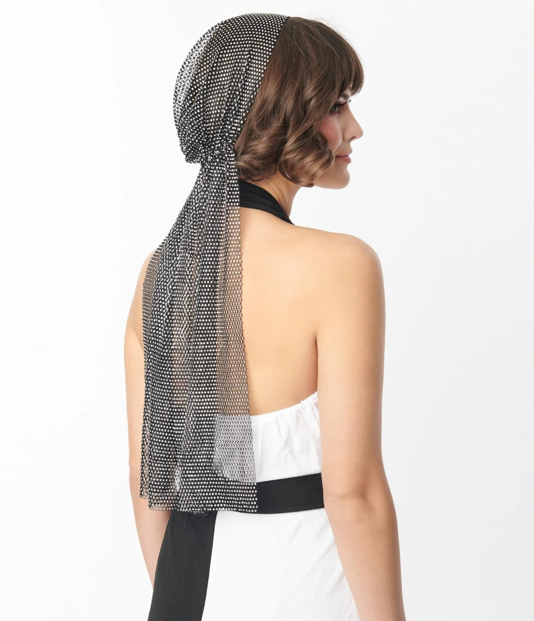 Black Mesh & Silver Rhinestone Headscarf