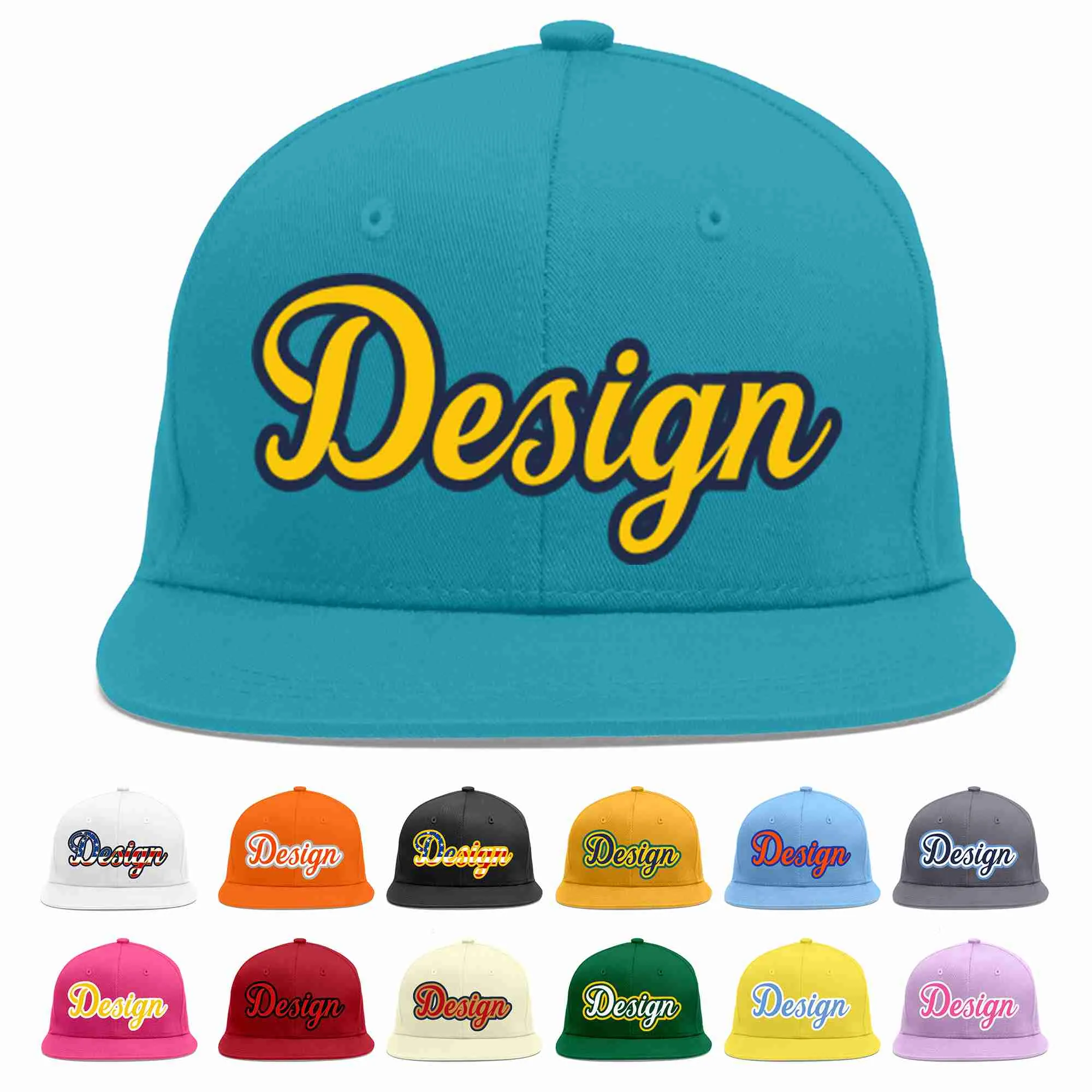 Custom Aqua Gold-Navy Flat Eaves Sport Baseball Cap Design for Men/Women/Youth