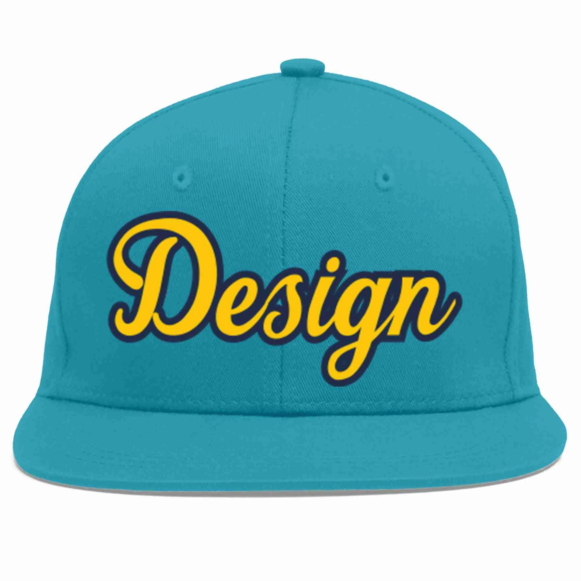 Custom Aqua Gold-Navy Flat Eaves Sport Baseball Cap Design for Men/Women/Youth