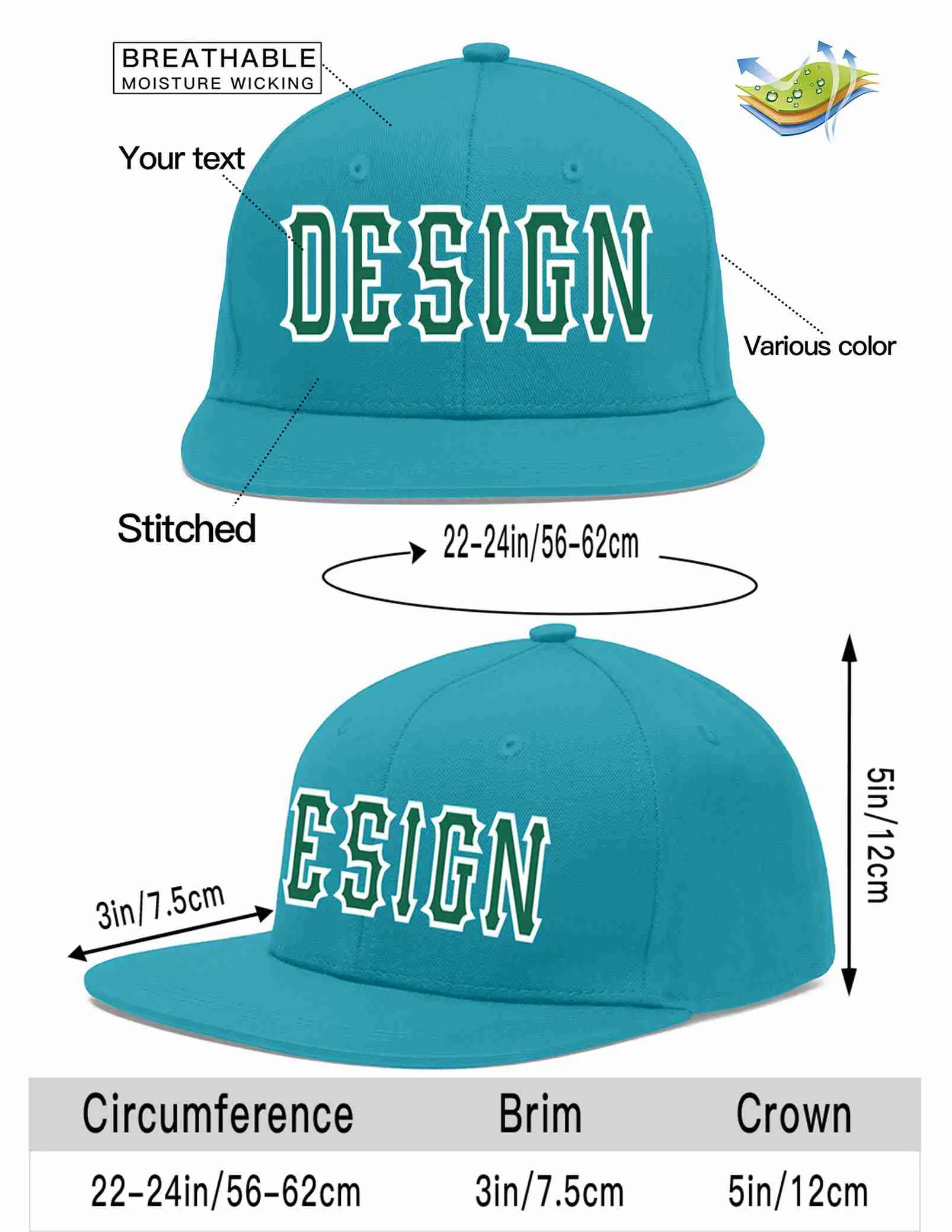 Custom Aqua Kelly Green-White Flat Eaves Sport Baseball Cap Design for Men/Women/Youth