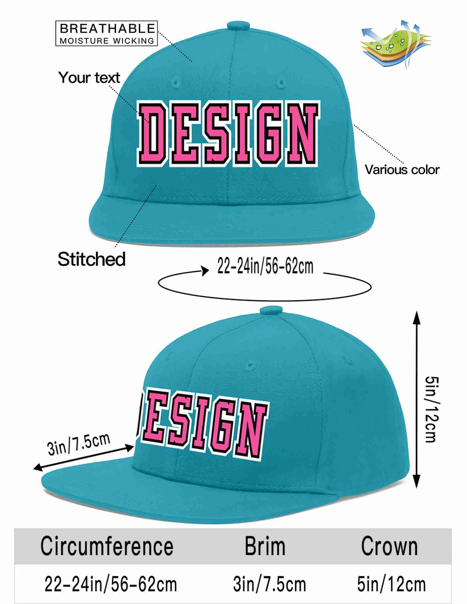 Custom Aqua Pink-Black Flat Eaves Sport Baseball Cap Design for Men/Women/Youth