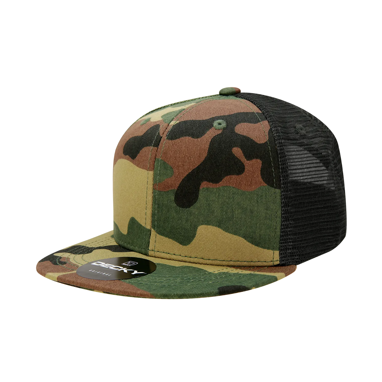 Decky 1055 Camo Flat Bill Trucker Hat, Camouflage 6 Panel Trucker Cap - CASE Pricing