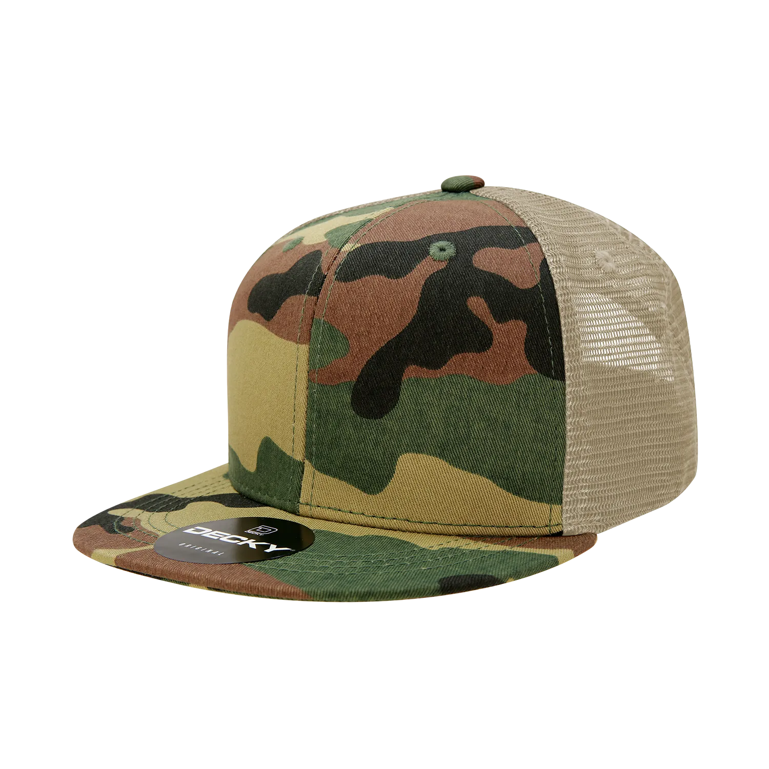 Decky 1055 Camo Flat Bill Trucker Hat, Camouflage 6 Panel Trucker Cap - CASE Pricing