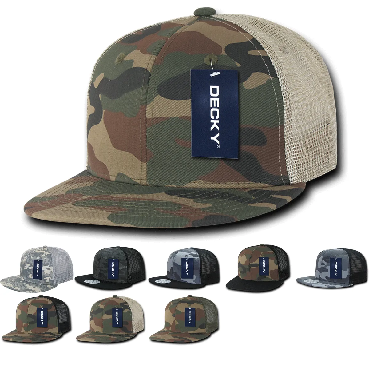 Decky 1055 Camo Flat Bill Trucker Hat, Camouflage 6 Panel Trucker Cap - CASE Pricing