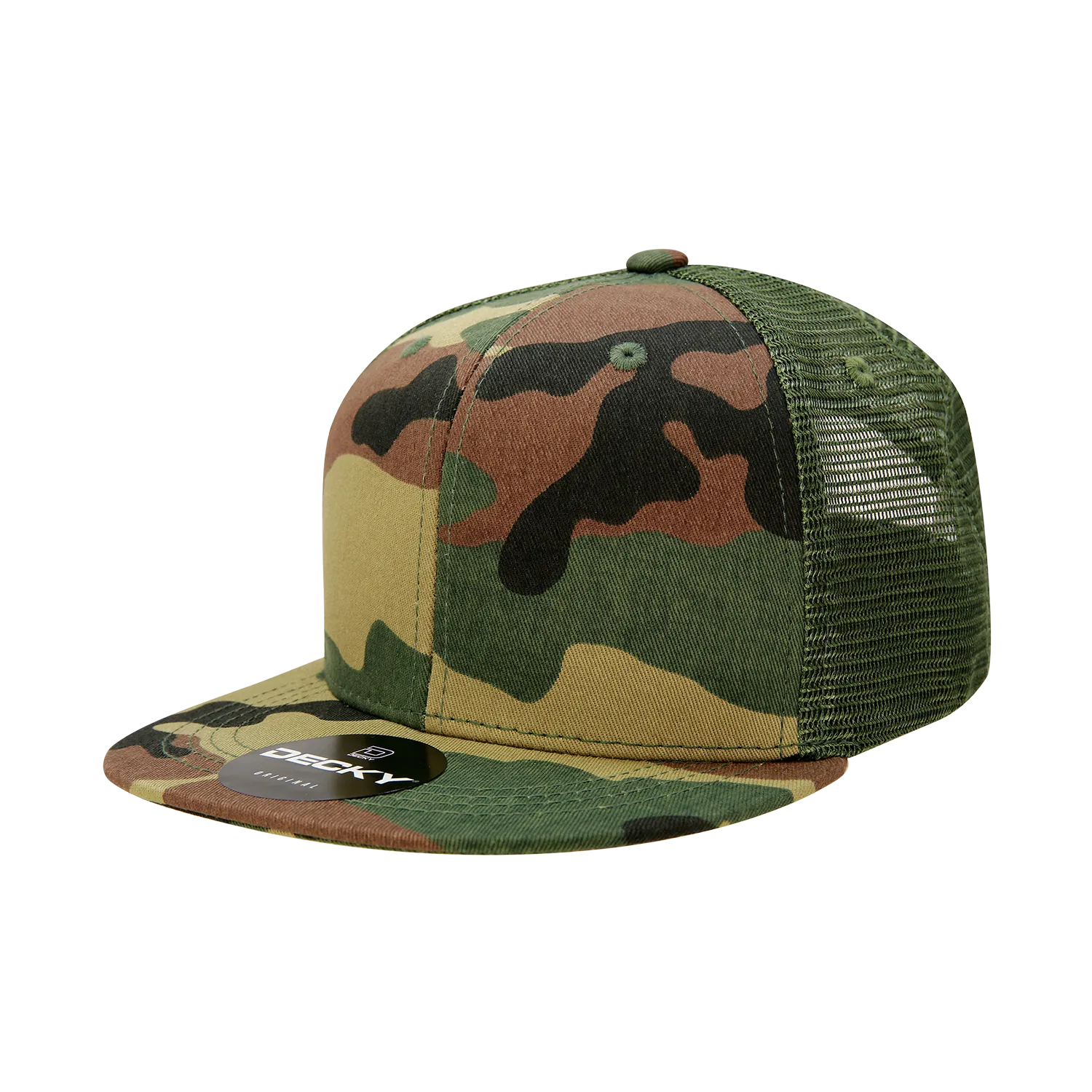 Decky 1055 Camo Flat Bill Trucker Hat, Camouflage 6 Panel Trucker Cap - CASE Pricing