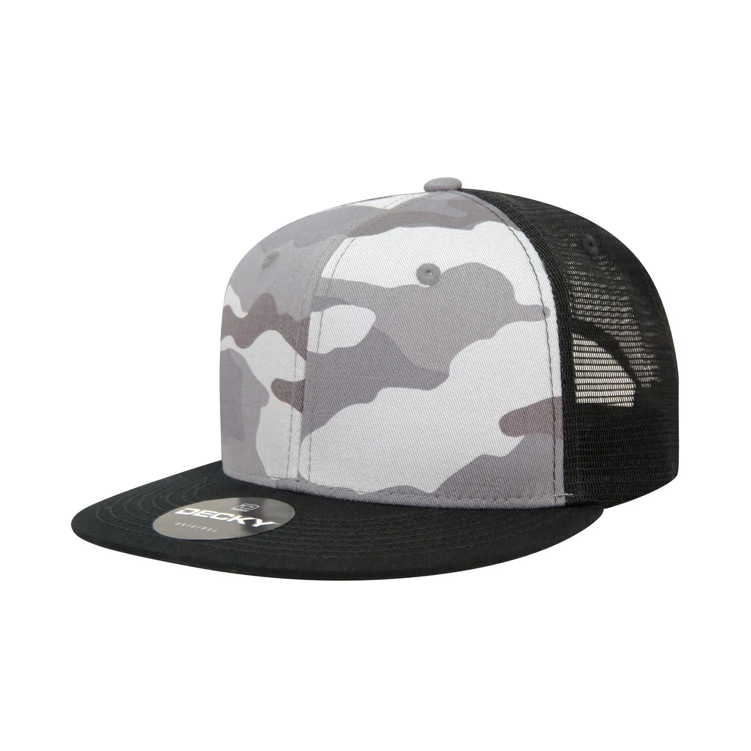 Decky 1055 Camo Flat Bill Trucker Hat, Camouflage 6 Panel Trucker Cap - CASE Pricing