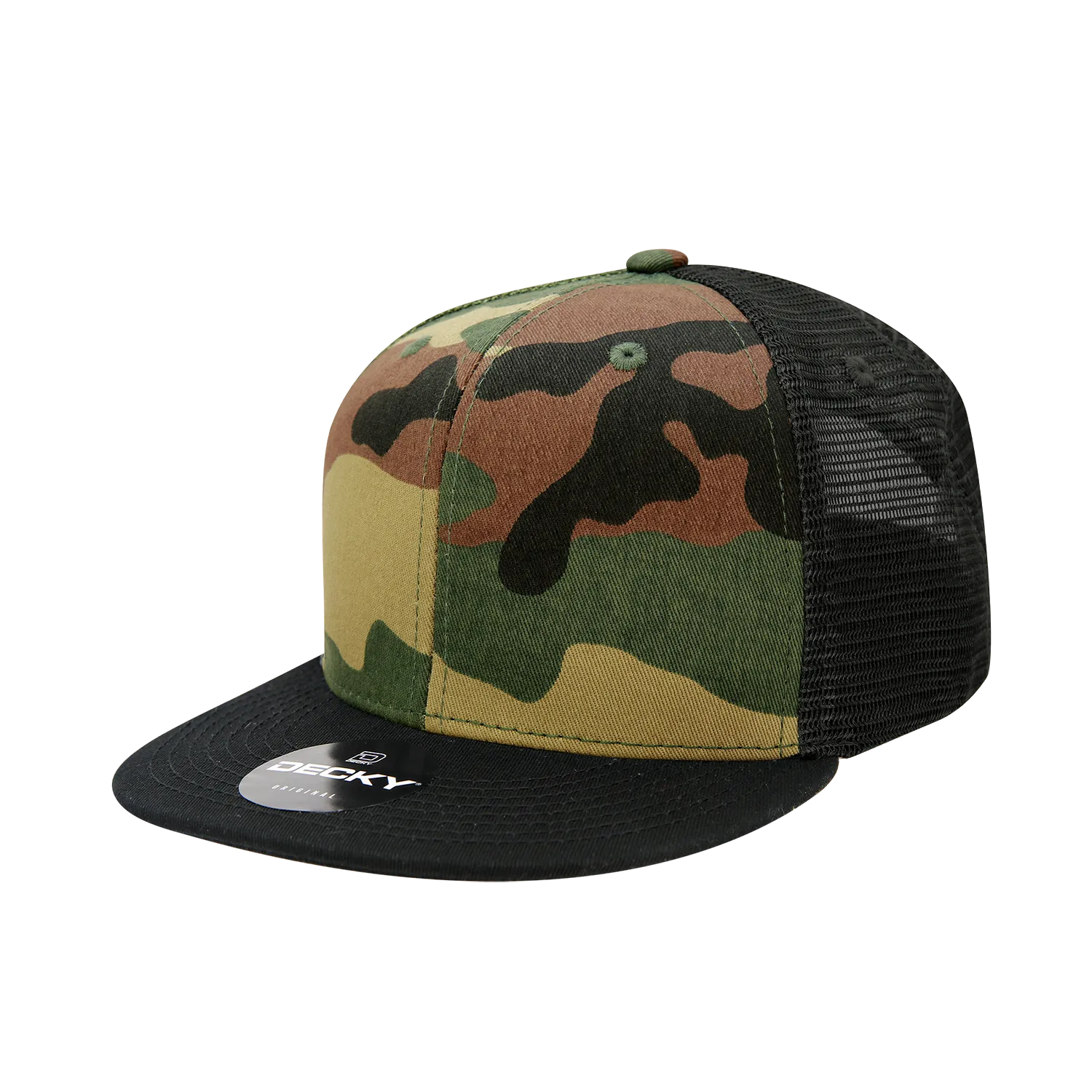 Decky 1055 Camo Flat Bill Trucker Hat, Camouflage 6 Panel Trucker Cap - CASE Pricing