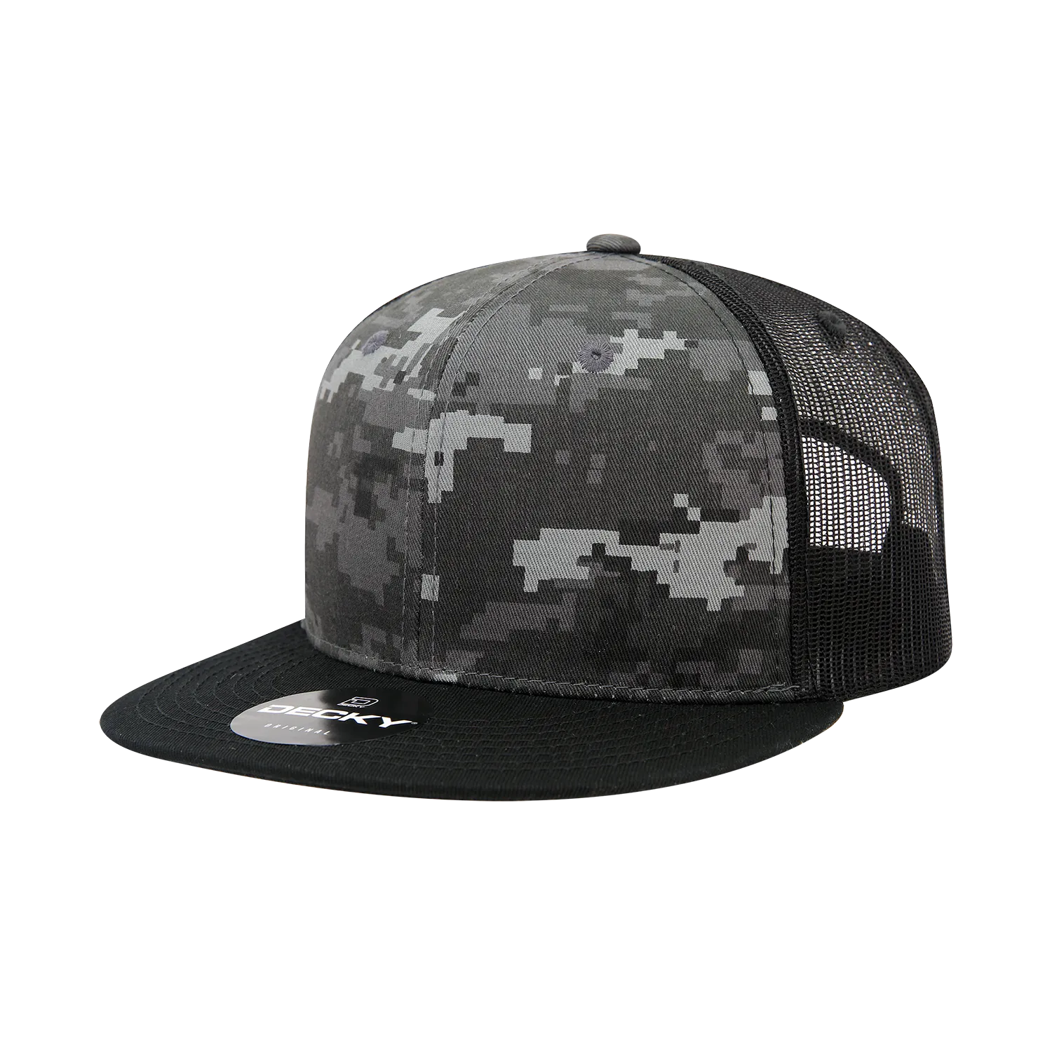 Decky 1055 Camo Flat Bill Trucker Hat, Camouflage 6 Panel Trucker Cap - CASE Pricing