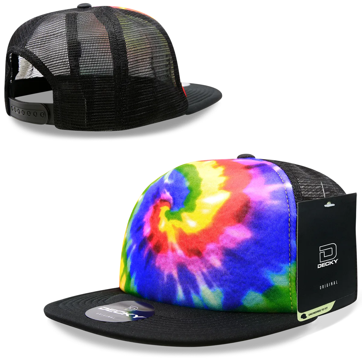 Decky 1079 5 Panel Tie Dye Trucker Hat, Tiedye Flat Bill Hat, Snapback - CASE Pricing