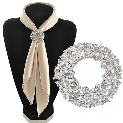 Dual Brooch Pin & Clip, Round Sparkling Silk Ribbons Buckle Rhinestone Scarf Holder