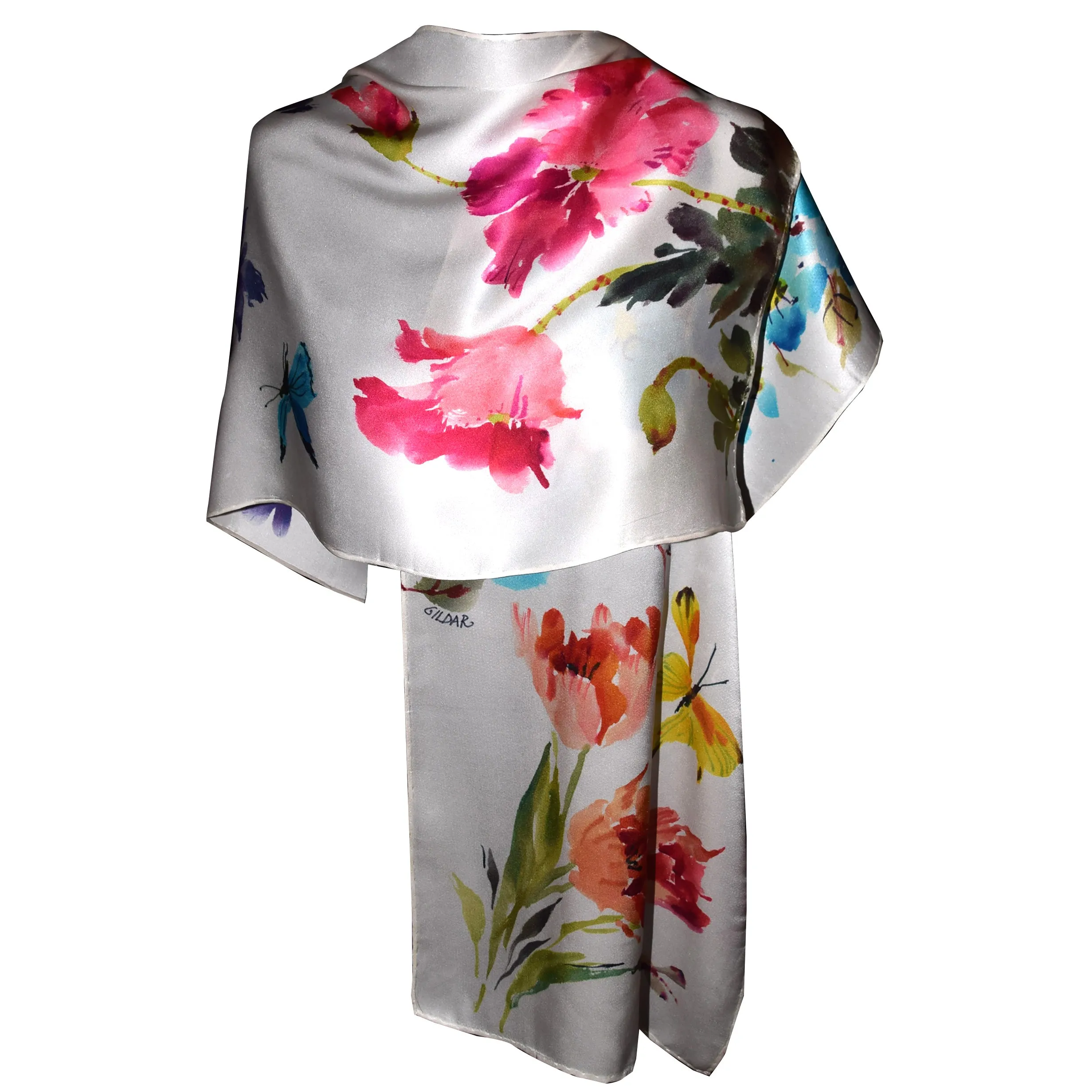 Floral Bouquet with Butterflies Handpainted Silk Wrap/Scarf