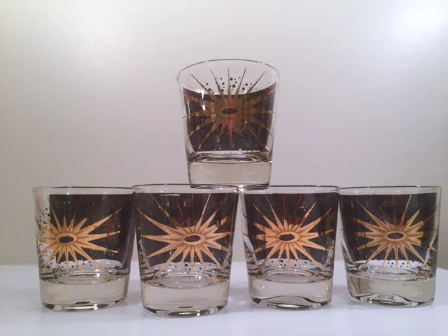 Fred Press - Signed Mid-Century Celestial/Atomic Burst 22-Karat Gold & Black Whiskey Glasses (Set of 5)