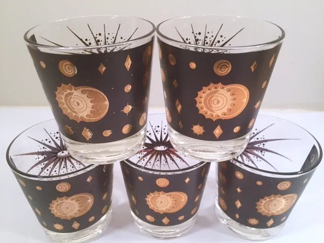 Fred Press - Signed Mid-Century Celestial/Atomic Burst 22-Karat Gold & Black Whiskey Glasses (Set of 5)