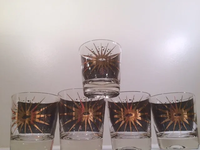 Fred Press - Signed Mid-Century Celestial/Atomic Burst 22-Karat Gold & Black Whiskey Glasses (Set of 5)