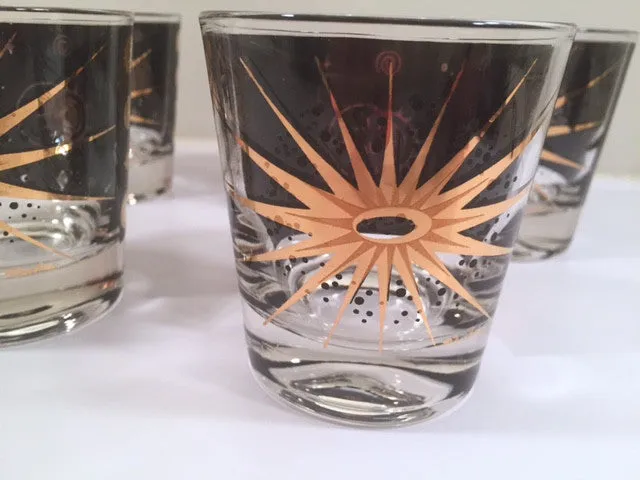 Fred Press - Signed Mid-Century Celestial/Atomic Burst 22-Karat Gold & Black Whiskey Glasses (Set of 5)