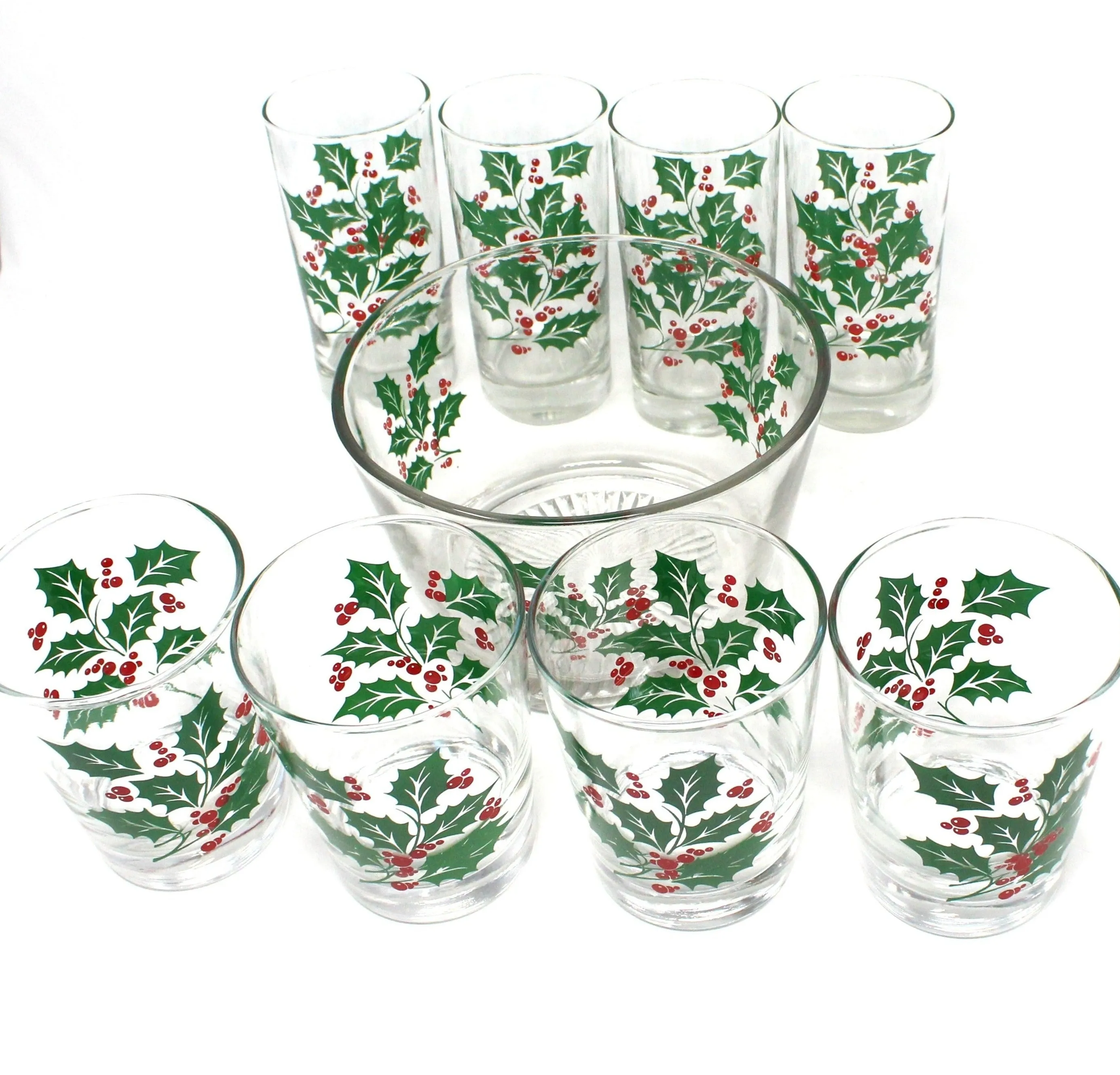 Glasses & Ice Bowl Set, Whiskey, Bartlett Collins, Christmas Holly, 9 Pcs, Vintage