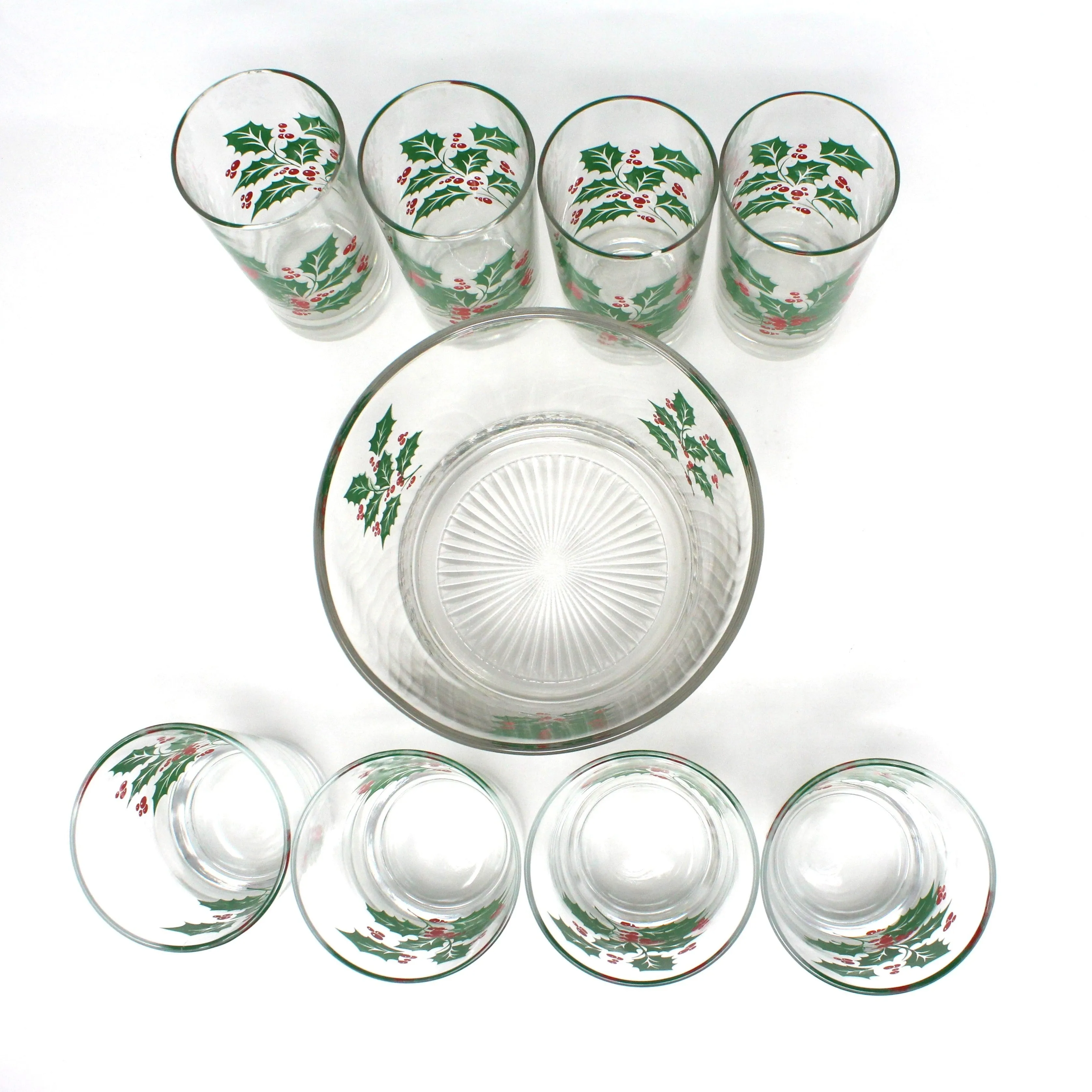 Glasses & Ice Bowl Set, Whiskey, Bartlett Collins, Christmas Holly, 9 Pcs, Vintage