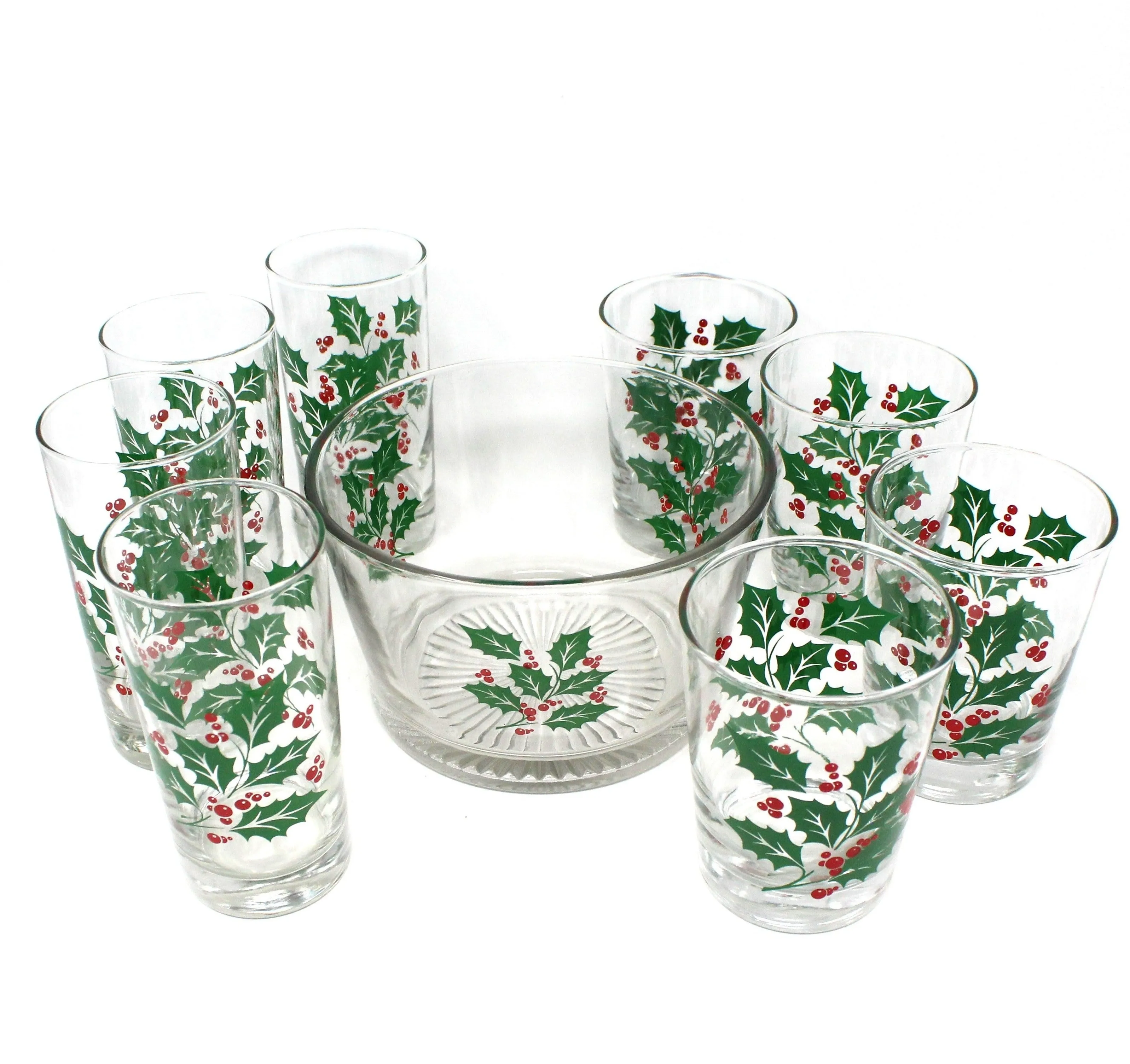 Glasses & Ice Bowl Set, Whiskey, Bartlett Collins, Christmas Holly, 9 Pcs, Vintage