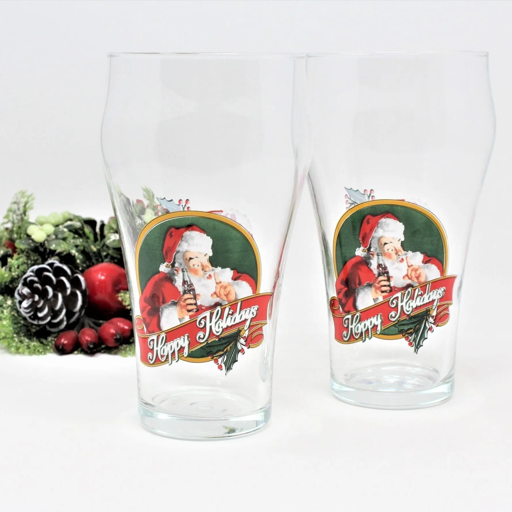 Glasses, Coca Cola Bell Glasses, Happy Holidays, Santa, Set of 2