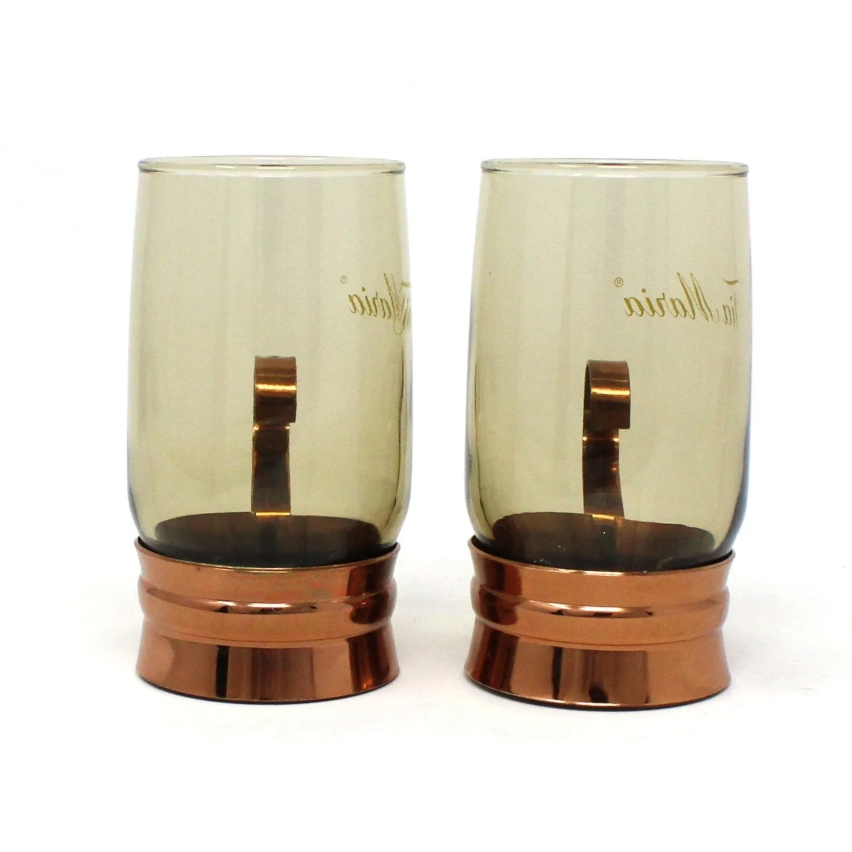 Glasses, Tia Maria Mugs, Smoked Glass & Copper Holder, Set of 2, Vintage Barware