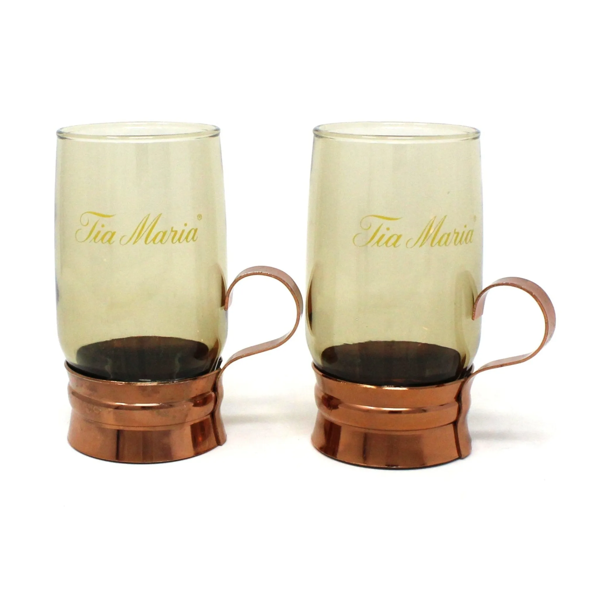 Glasses, Tia Maria Mugs, Smoked Glass & Copper Holder, Set of 2, Vintage Barware