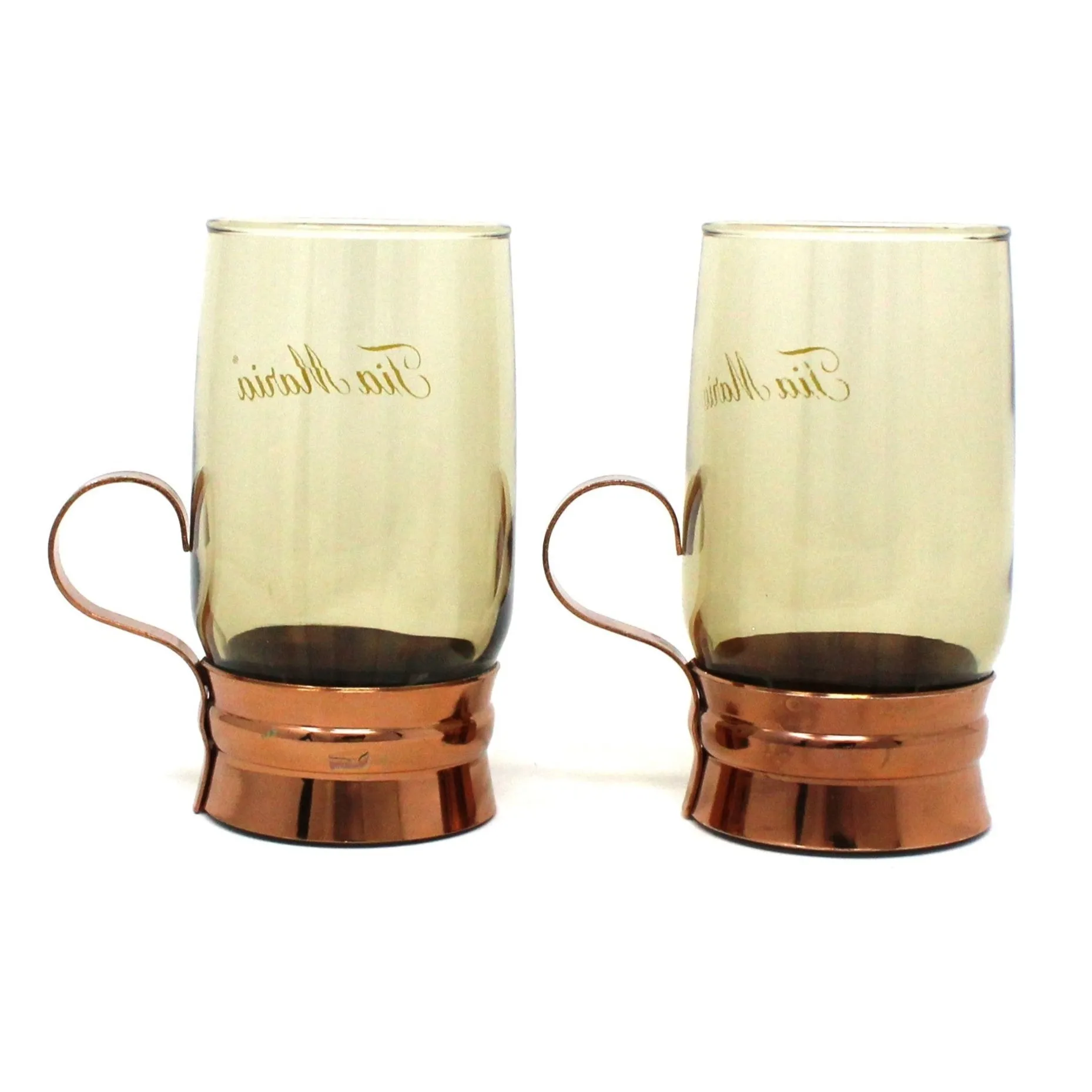 Glasses, Tia Maria Mugs, Smoked Glass & Copper Holder, Set of 2, Vintage Barware