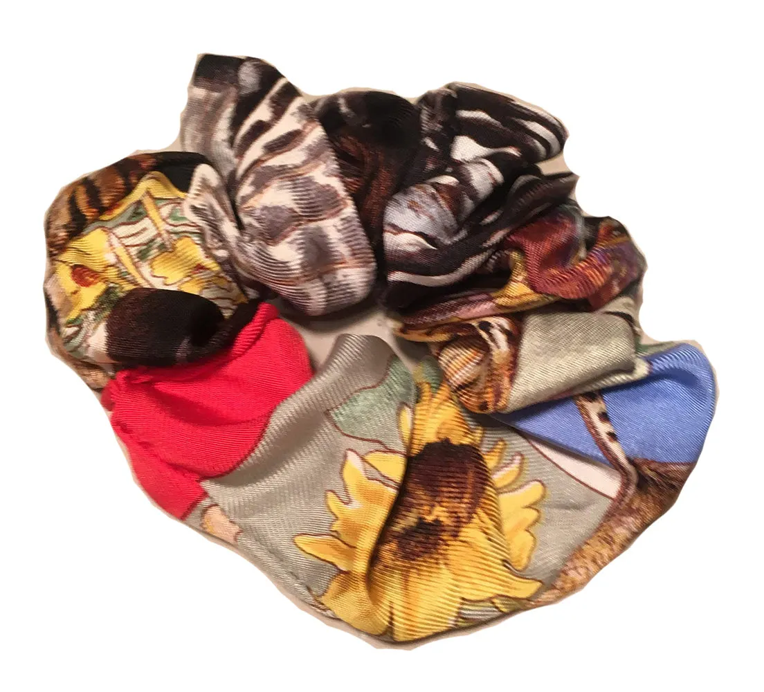 Hermes Handmade Faune et Flore Silk Scarf Scrunchie