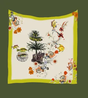 Lime green large square Silk Scarf, 'Tropics Silk' botanical illustration luxury accessory