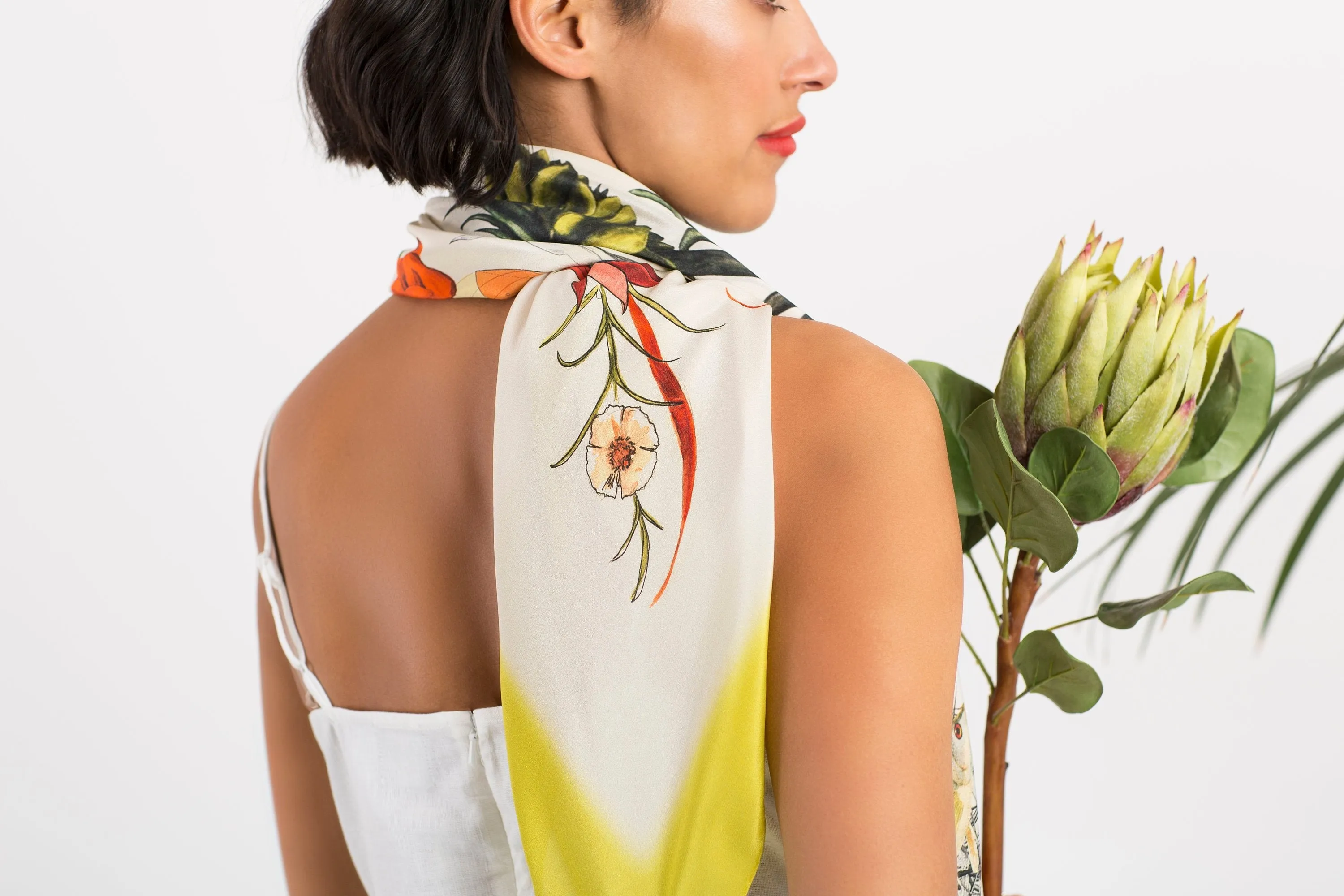 Lime green large square Silk Scarf, 'Tropics Silk' botanical illustration luxury accessory