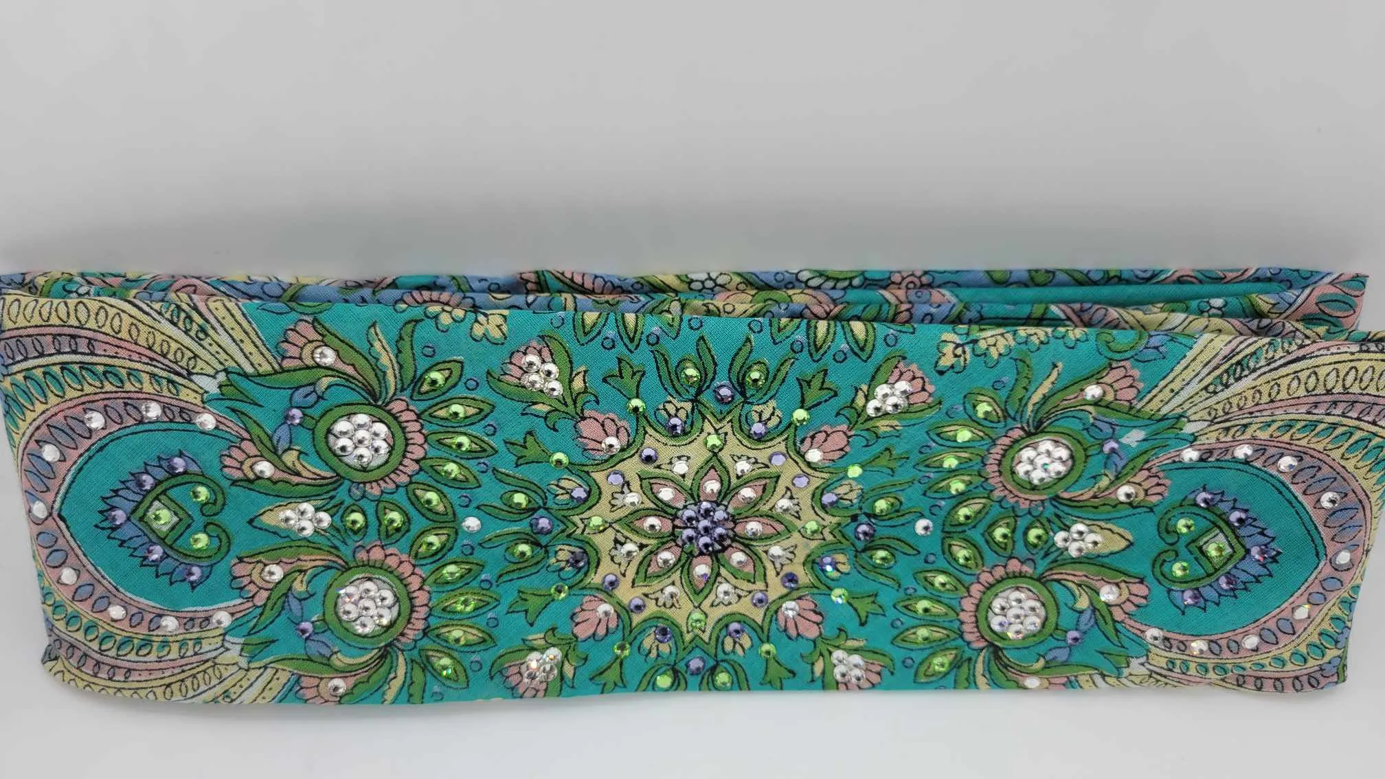 Long Green Scarf with Light Purple, Light Green and Diamond Clear Crystals (Sku3041)