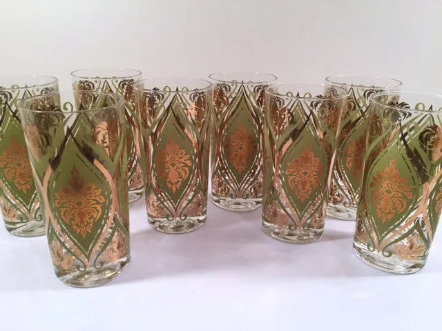 Pasinski Signed Mid-Century Avocado and 22-Karat Gold Embellished Glasses (Set of 8)