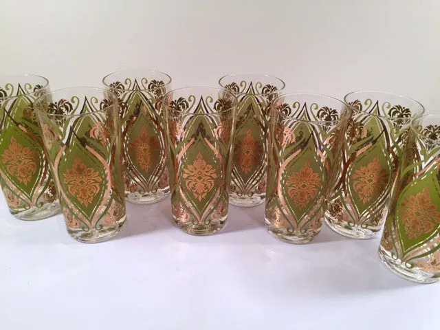 Pasinski Signed Mid-Century Avocado and 22-Karat Gold Embellished Glasses (Set of 8)