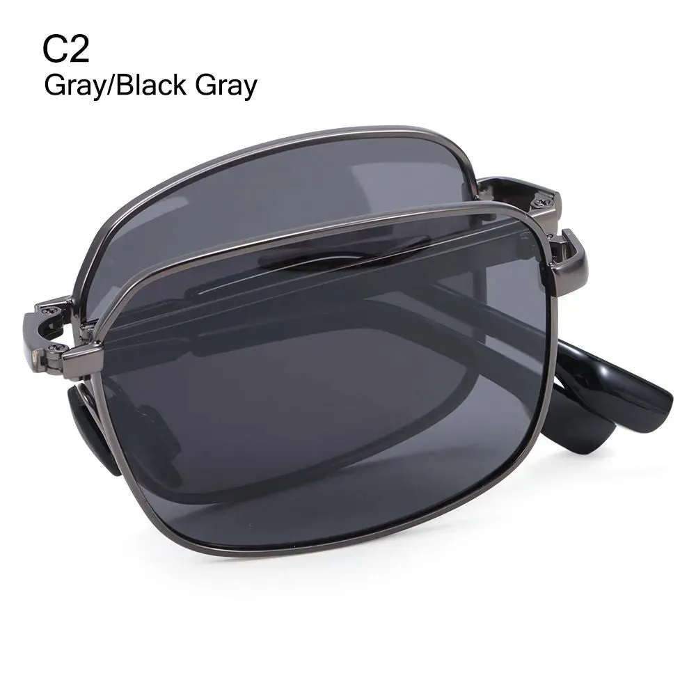 Portable Folding Polarized Sunglasses for Men, Square Metal Frame Photochromic Sunglasses Driving Glasses Night Vision Eyewear