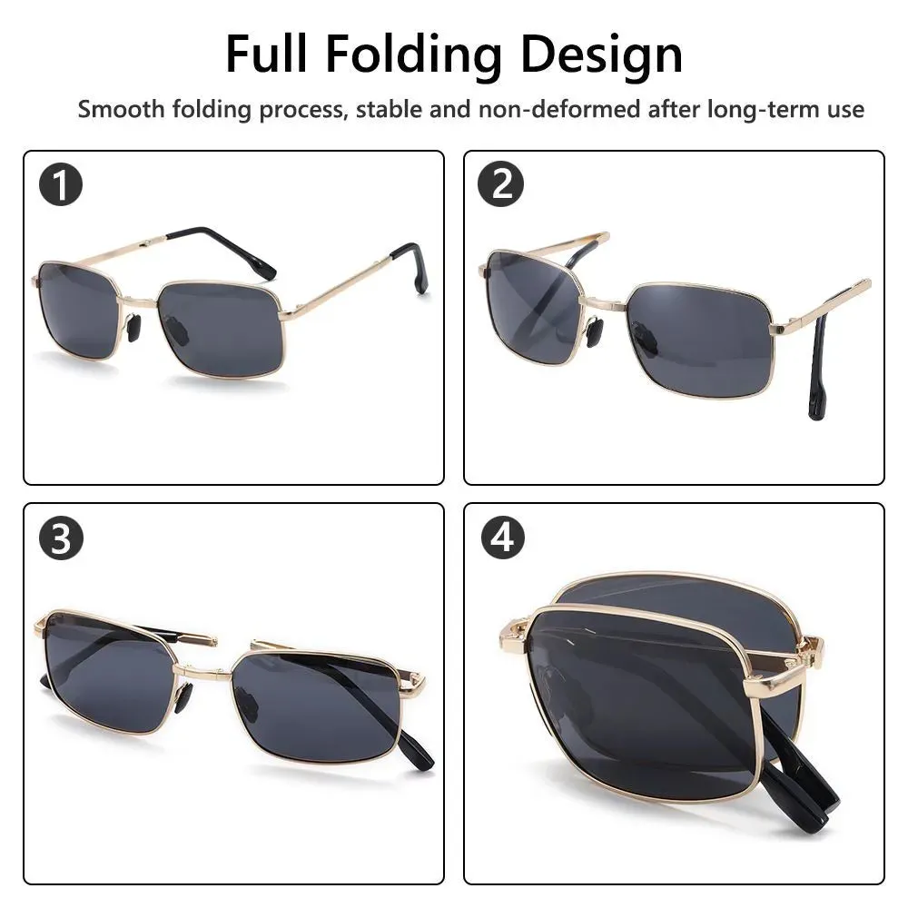 Portable Folding Polarized Sunglasses for Men, Square Metal Frame Photochromic Sunglasses Driving Glasses Night Vision Eyewear