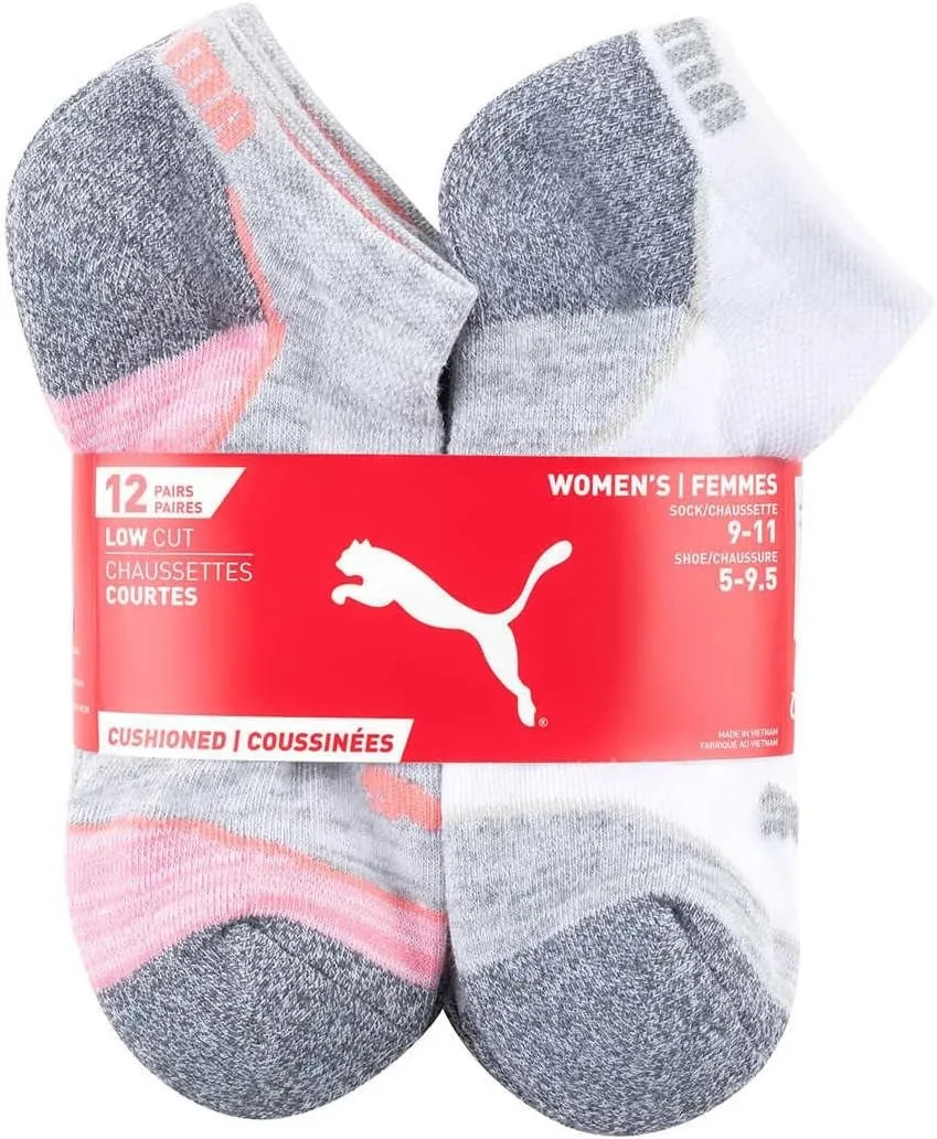 Puma Womens Low Cut Cushioned Socks 12-Pack, White-Pink, 9-11