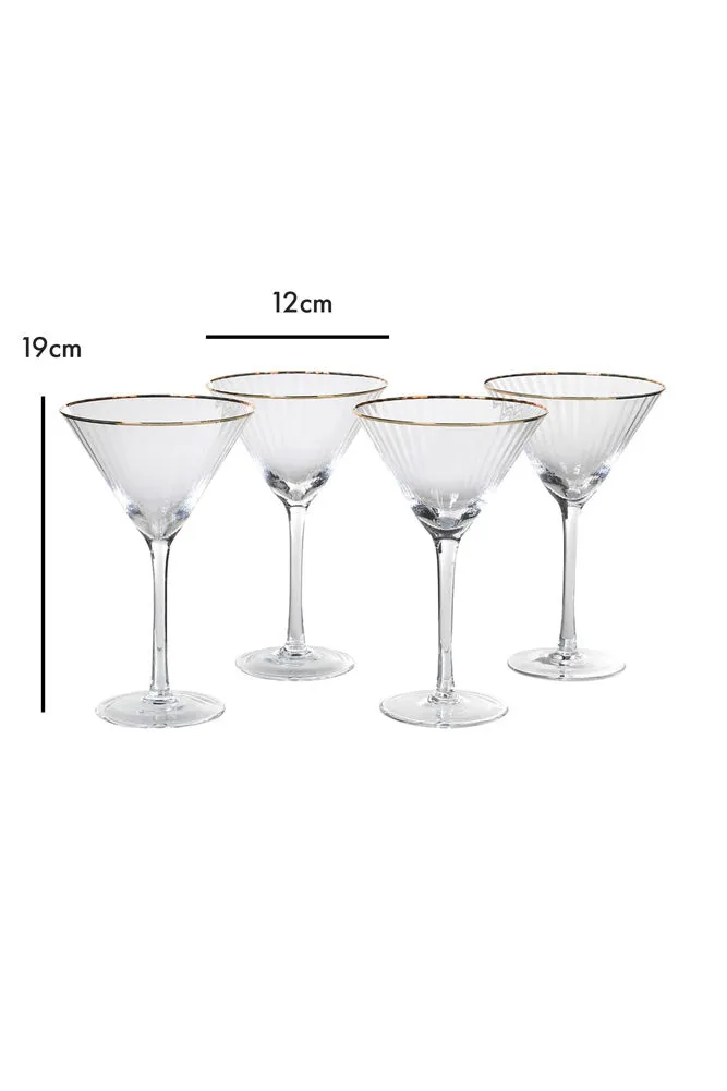 Set Of 4 Ribbed Martini Glasses With Gold Rim