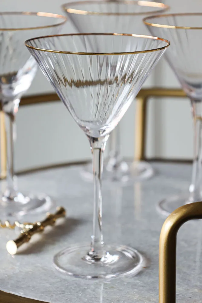 Set Of 4 Ribbed Martini Glasses With Gold Rim