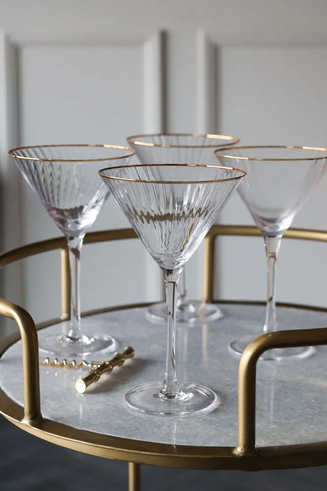 Set Of 4 Ribbed Martini Glasses With Gold Rim