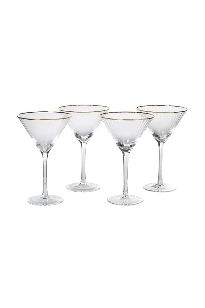 Set Of 4 Ribbed Martini Glasses With Gold Rim