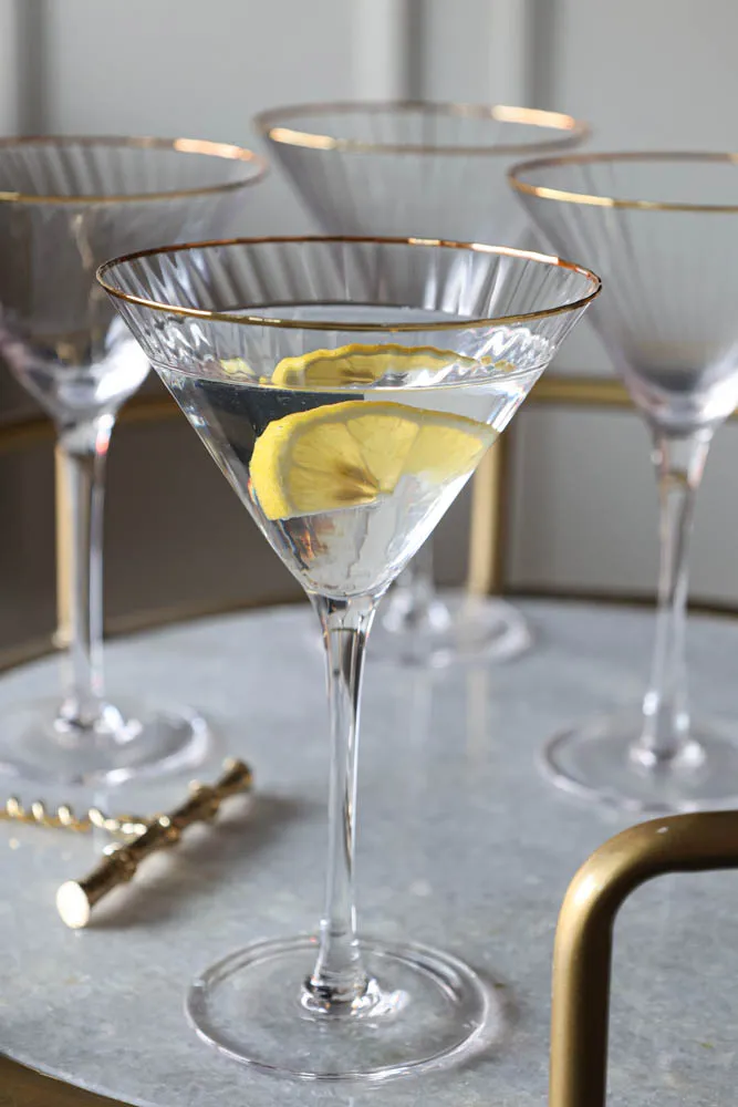 Set Of 4 Ribbed Martini Glasses With Gold Rim