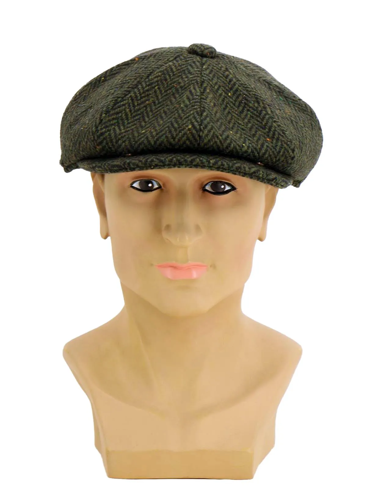 Vintage Style Green Flecked Herringbone Newsboy Cap